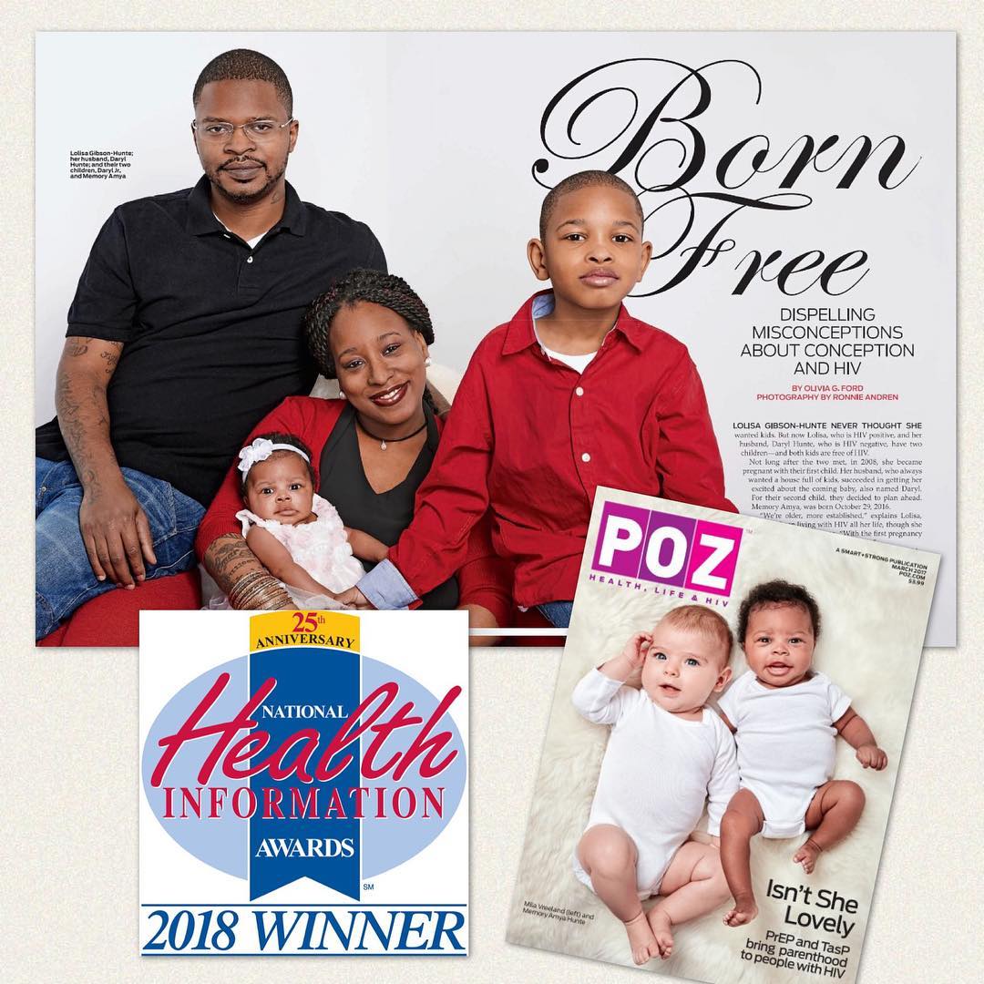 Olivia's article Born Free with family, cover of POZ magazine, and 2018 Health Information Award Winner badge